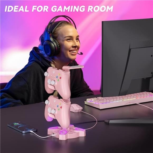 RGB Headphone Stand with 9 Light Modes - Rotatable Pink Game Headset Holder - Picture 5 of 6